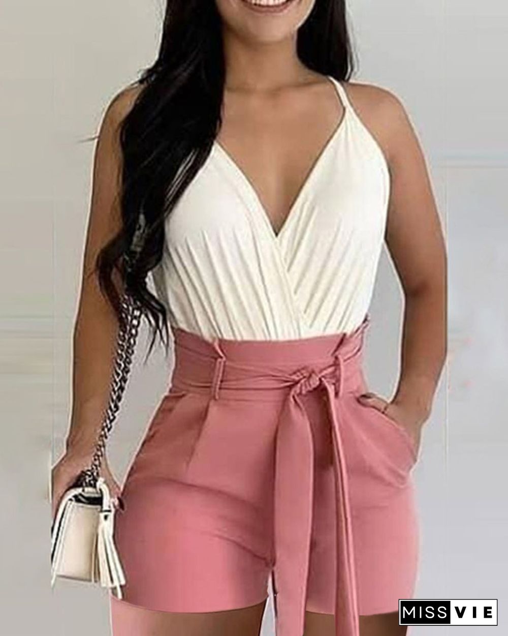 Solid Color V-Neck Sleeveless Belted Waist Shorts Suit Set