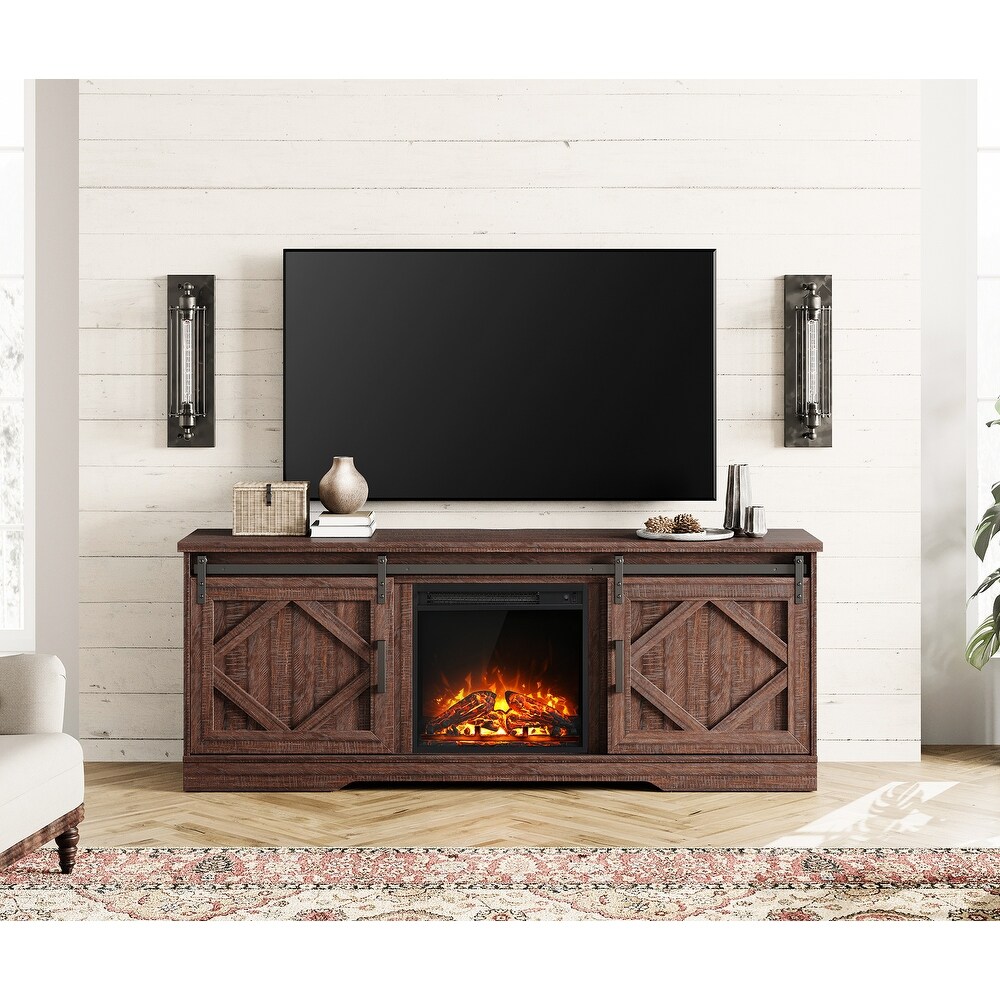 Fireplace TV Stand Farmhouse Sliding Barn Door Entertainment Center