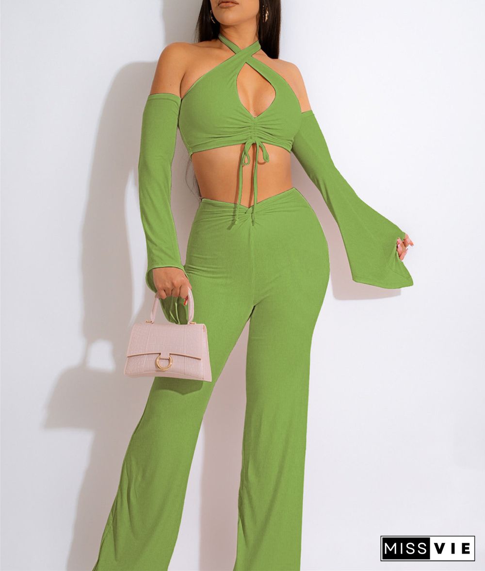 Ribbed Off Shoulder Halter Crop Top Wide Leg Pants Set