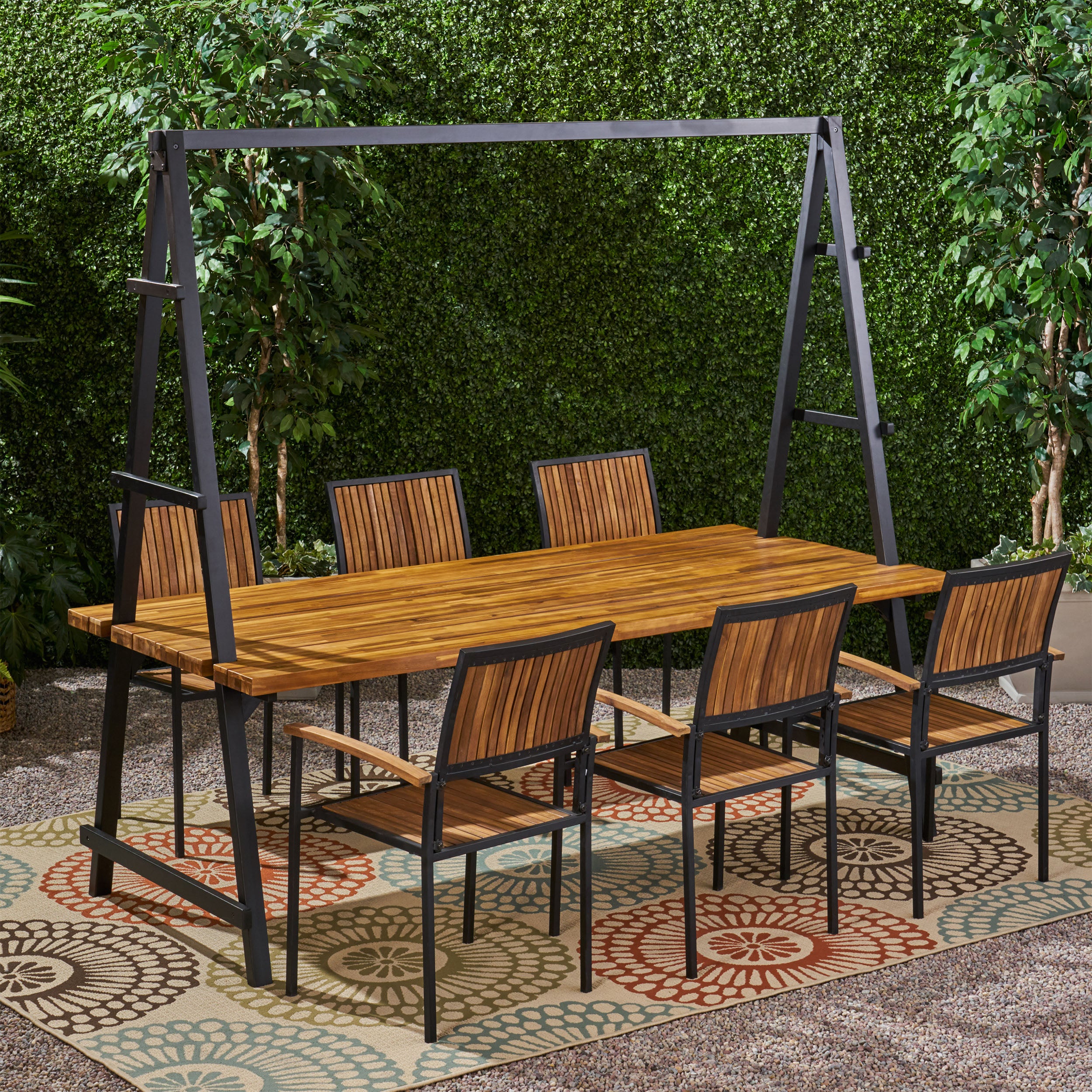 Durban Outdoor 6 Seater Acacia Wood and Iron Planter Dining Set