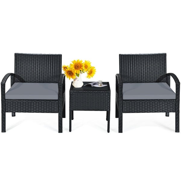 3 Pieces Outdoor Rattan Patio Conversation Set with Seat Cushions -  - 37563811