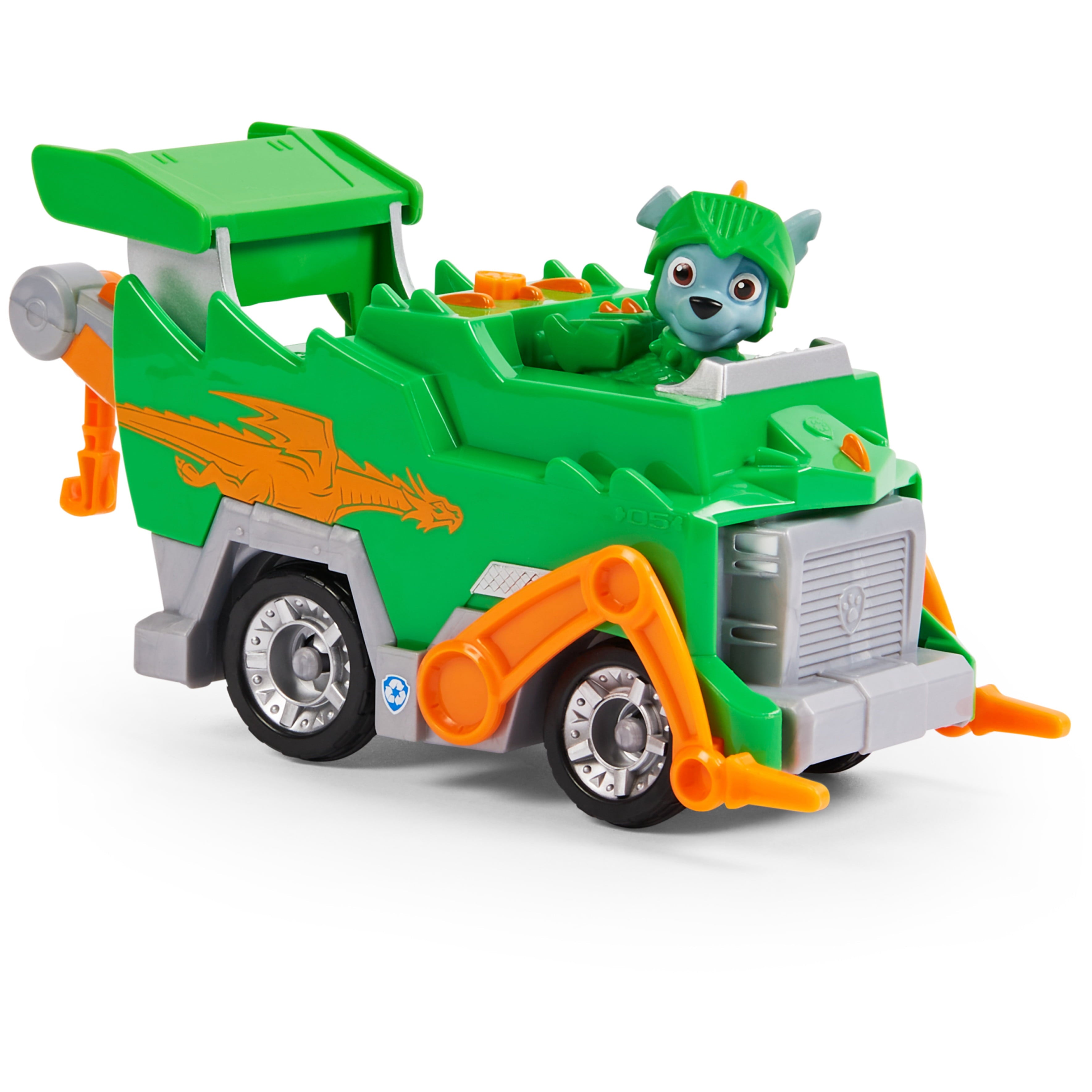 PAW Patrol， Rescue Knights Rocky Transforming Toy Car with Collectible Action Figure， Kids Toys for Ages 3 and up