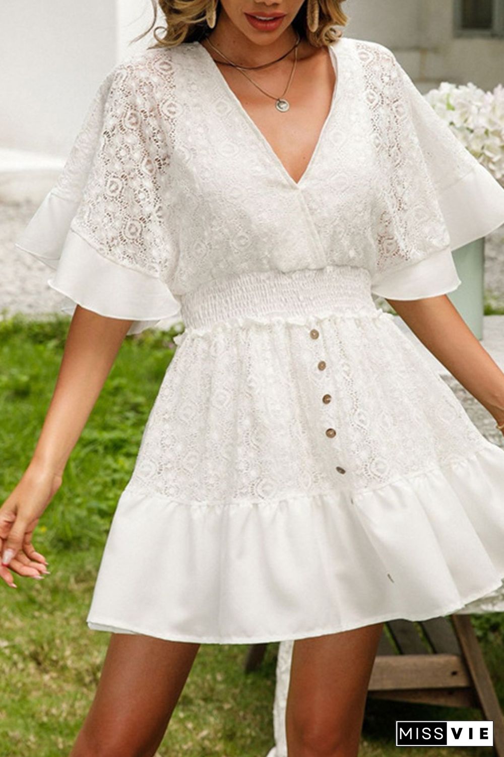 White Lace Bat Sleeves V Neck Mini Dress