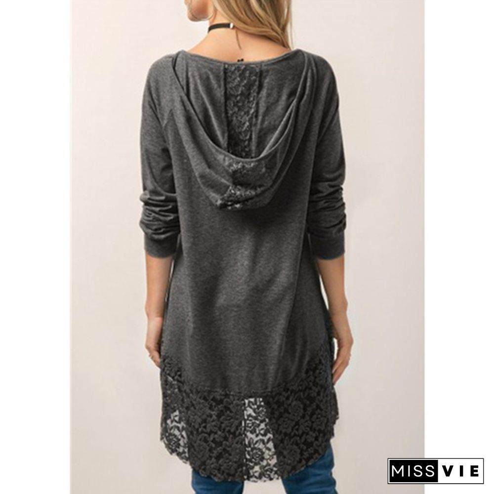 Women Fashion Solid Color Hoodies Long Sleeved T-Shirt Autumn Lace Hooded Sweater Plus Size