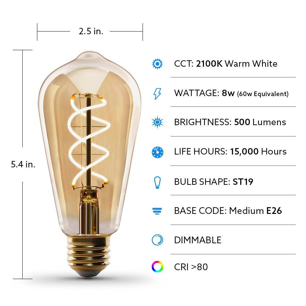 Feit Electric 60-Watt Equivalent ST19 Dimmable Spiral Filament Amber Glass E26 Vintage Edison LED Light Bulb Warm White ST1960SLEDHDRP