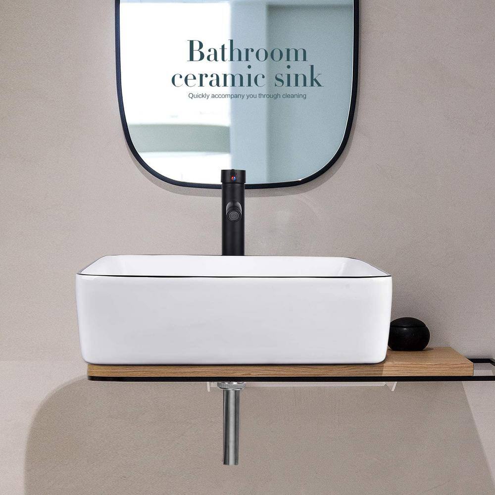 Puluomis White Ceramic Rectangular Vessel Sink with Artistic Black Border US-HW1125