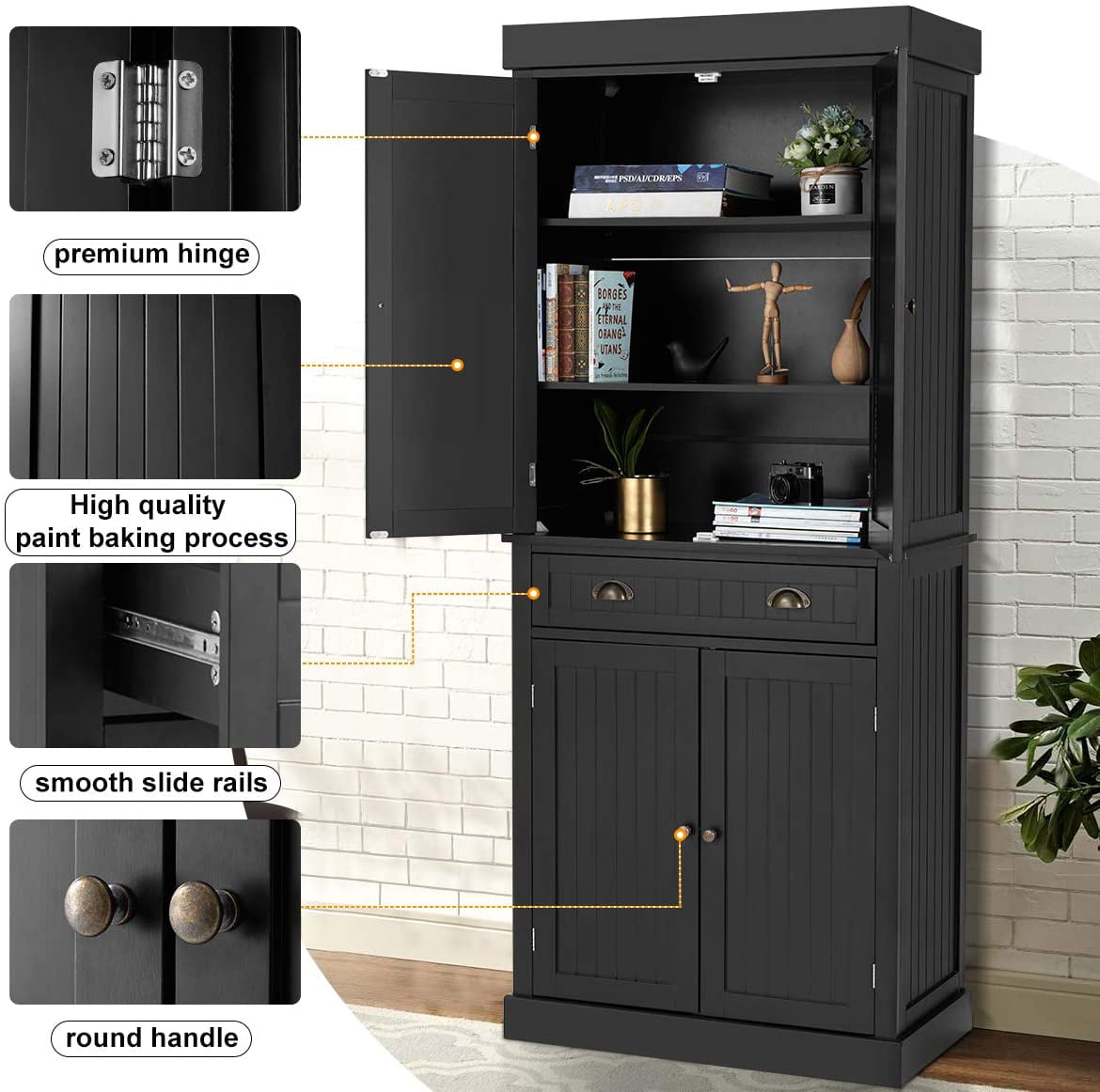 Yoleny Kitchen Pantry， 72” Freestanding Storage Cabinets with Doors and Shelves， Elegant Colonial Design Cabinet Cupboard， Black