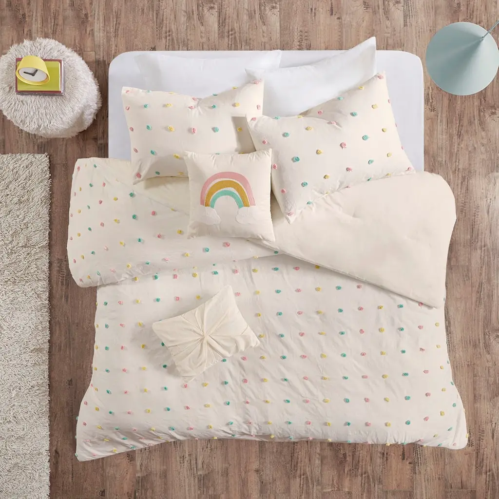 White and Multi Color Pom-Pom Full Callie 5 Piece Bedding Collection