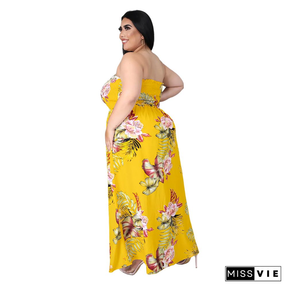 Summer Plus Size Women Clothing Floral Print Elastic Waist Beach Casual One Piece Split Jumpsuit