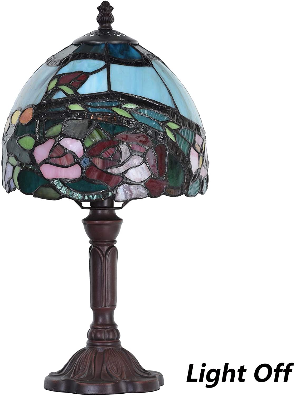 SHADY L10736 Rose Flower Tiffany Style Stained Glass Table Lamp with 8-inch Wide Lampshade  15-inch Tall  Red