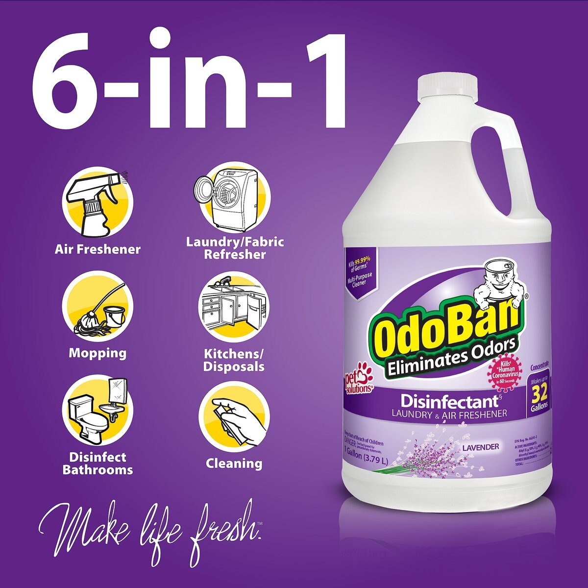 OdoBan Disinfectant Laundry and Air Freshener Concentrate， Lavender Scent