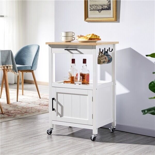 Wood Top Kitchen Island Rolling Cart with 1 Drawer and Single Door Storage， White