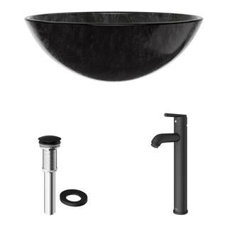 VIGO Glass Round Vessel Bathroom Sink in Onyx Gray with Seville Faucet and Pop-Up Drain in Matte Black VGT574