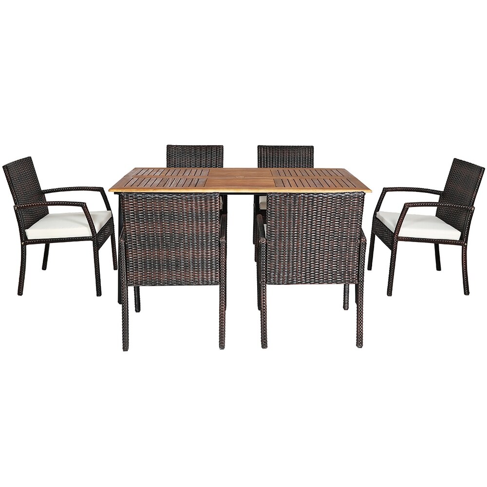 Costway 7PCS Patio Rattan Dining Set Table Top W/Umbrella Hole   See Description