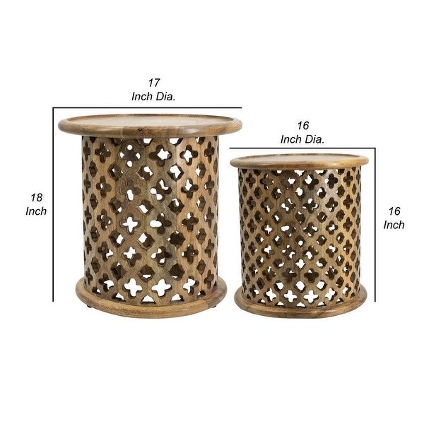 18， 16 Inch Side Tables， Mango Wood， Quatrefoil Design， Set of 2， Brown - 34 H x 23 W x 23 L