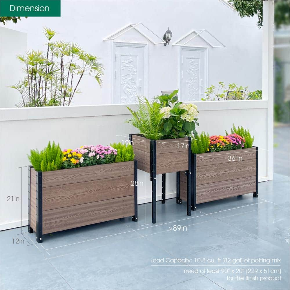 EverBloom Planter 17 in. D x 28 in. H x 91 in. W Brown and Black Composite Board and Steel Corner and 2-Trough Planter Bundle K2219