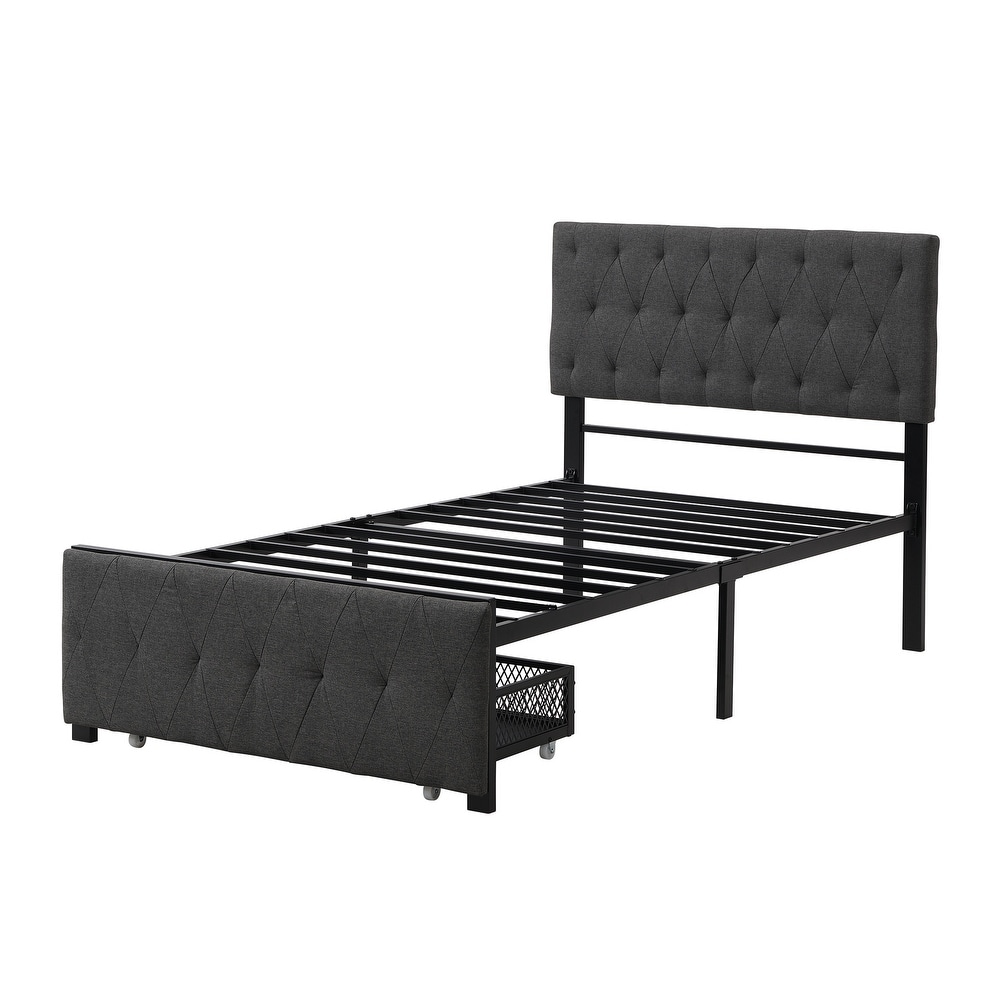 Metal Storage Platform Bed with Big Drawer   Linen Upholstered Headboard