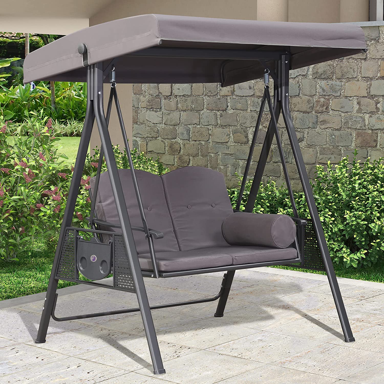 PURPLE LEAF Outdoor Patio Porch Swing with Stand, 2-seat Swing Chair with Adjustable Tilt Canopy , Cushions and Pillow Included, Grey