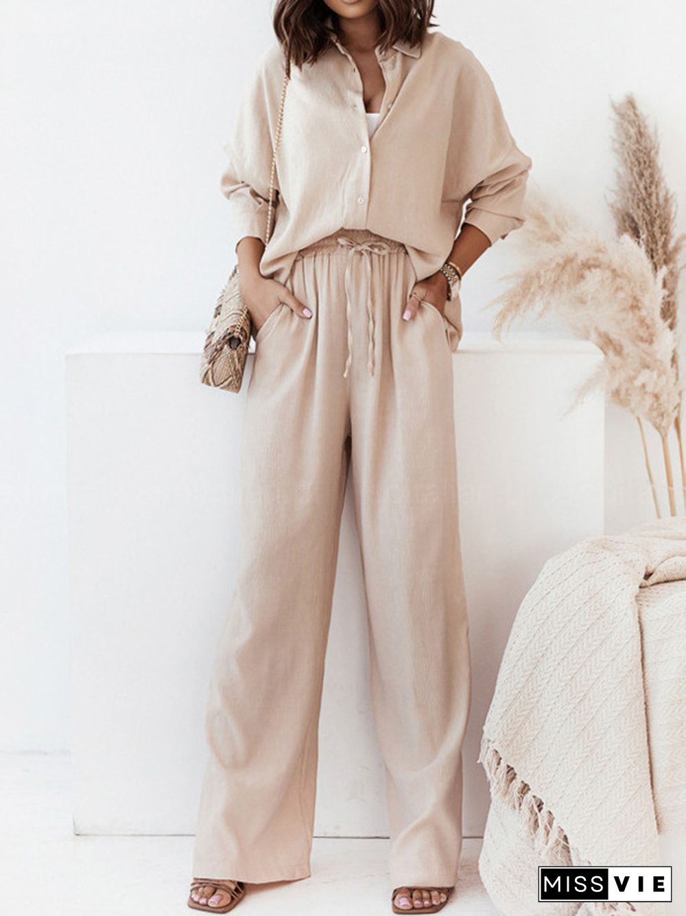 Long Sleeves Buttoned Pockets Solid Color Lapel Shirts Top + Elasticity High Waisted Pants Bottom Two Pieces Set