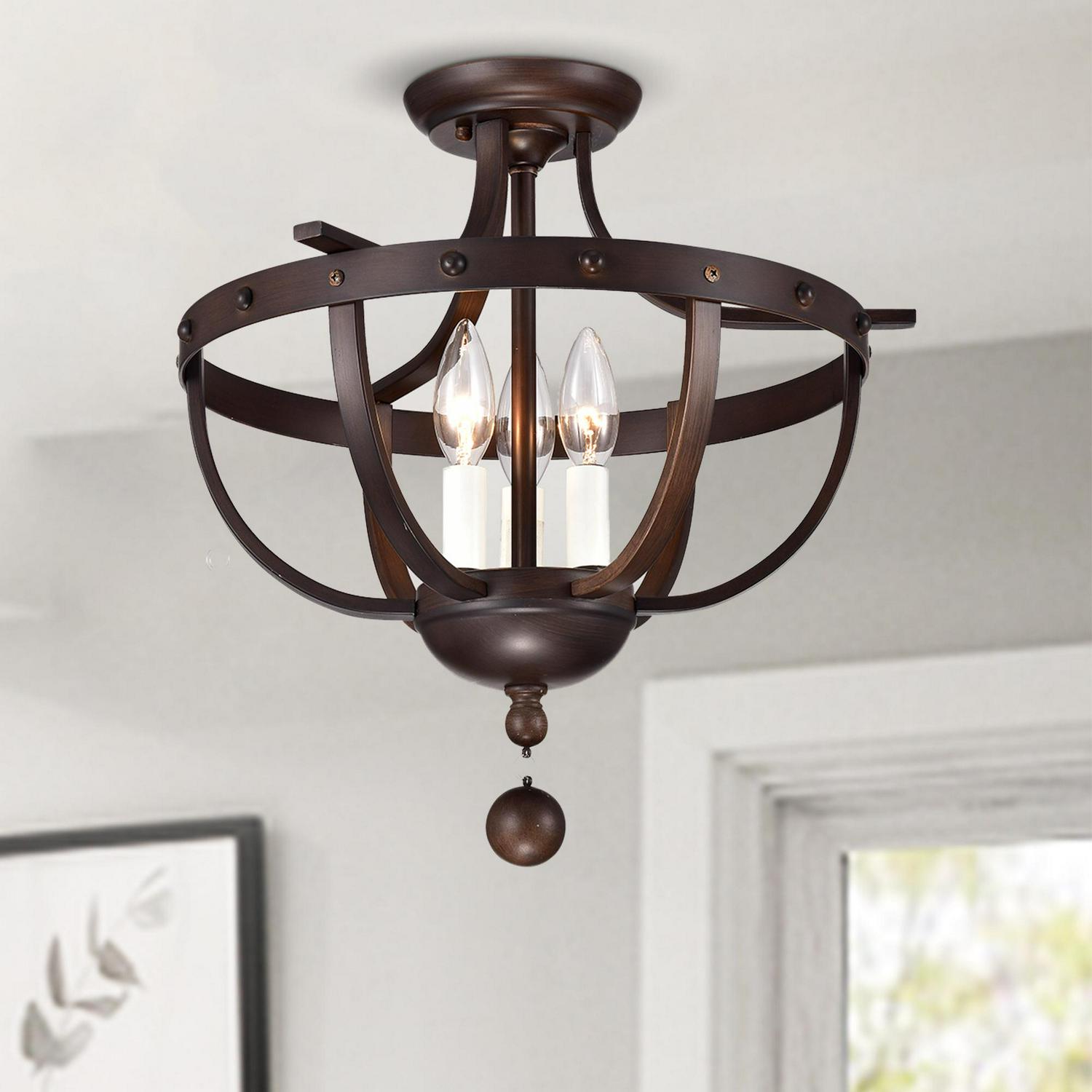 Bopelo Faux Wood Grain Metal 3-Light Semi-Flush Ceiling Lamp