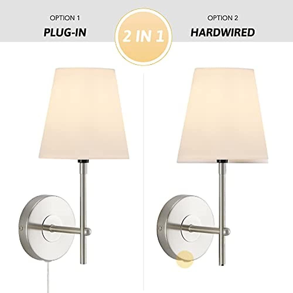 1-Light Wall Sconce Plug in Cord with White Fabric Shade， Wall Mount Vanity Lamp in Brushed Nickle Finish Hardwired or Plug in， Wall Sconce Light