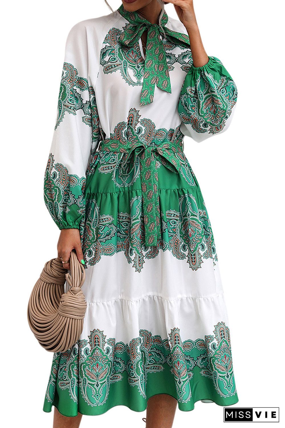 Puffy Sleeves Tiered Printed Long Sleeves Dress