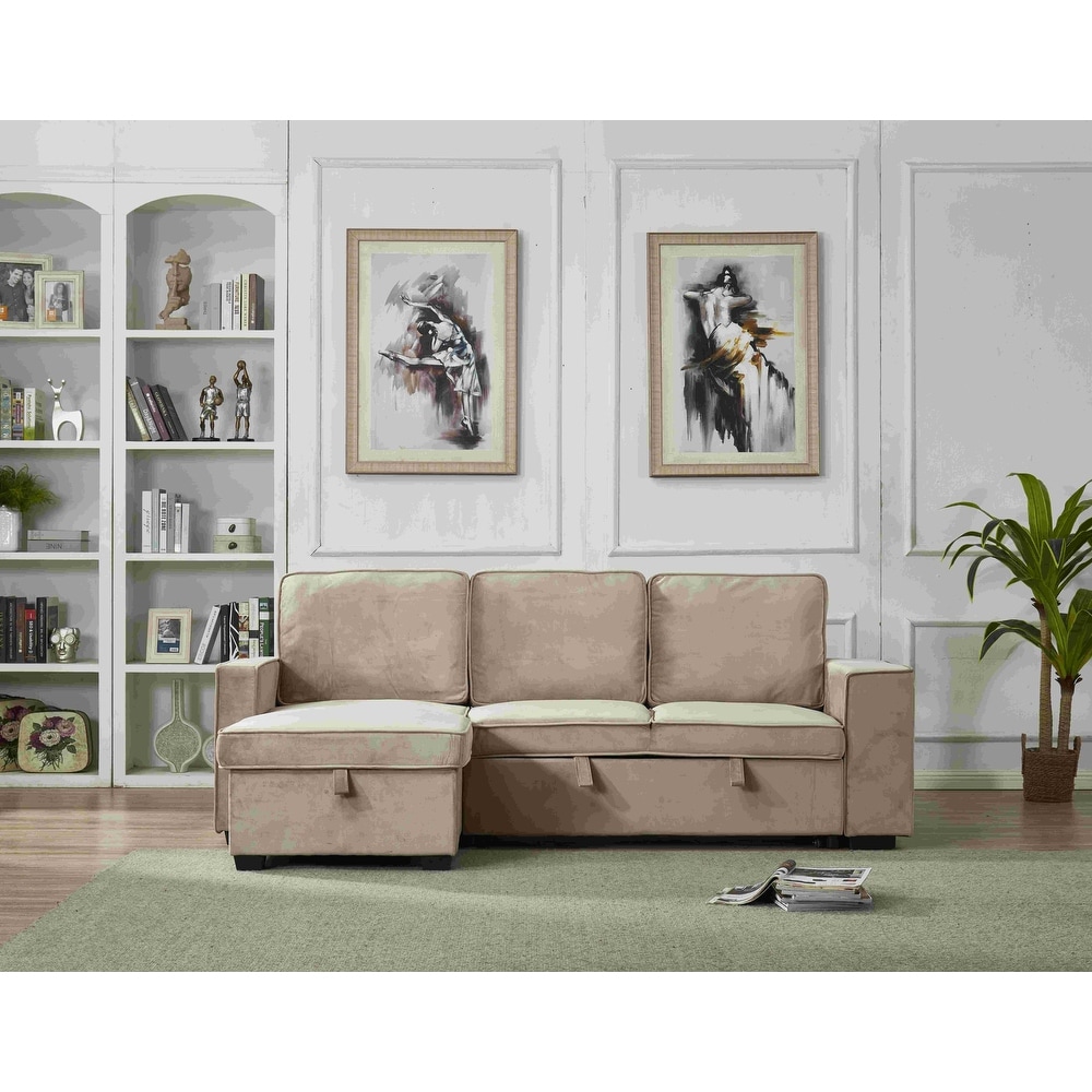 Velvet Sectional Sofa Reversible Chaise with Pull out Sleeper