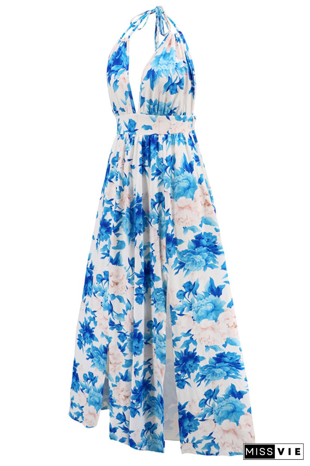 V Neck Halter Backless High Split Floral Maxi Dress