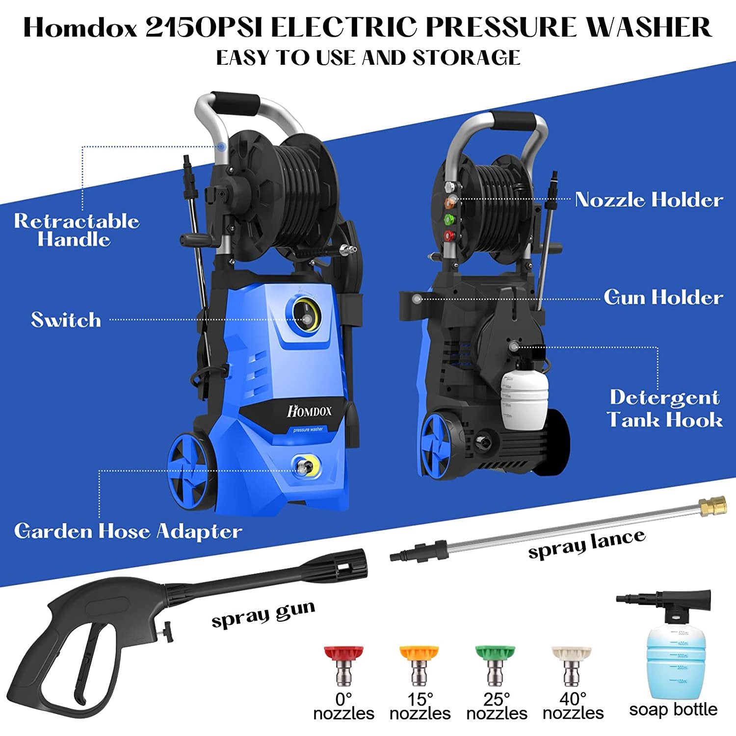 Electric Pressure Washer, 2.3 GPM Pressure Washer 1700W High Power Washer Cleaner Machine with 4 Nozzle Foam Cannon & Hose Reel for Cars,Homes,Driveways,Patios(Blue)