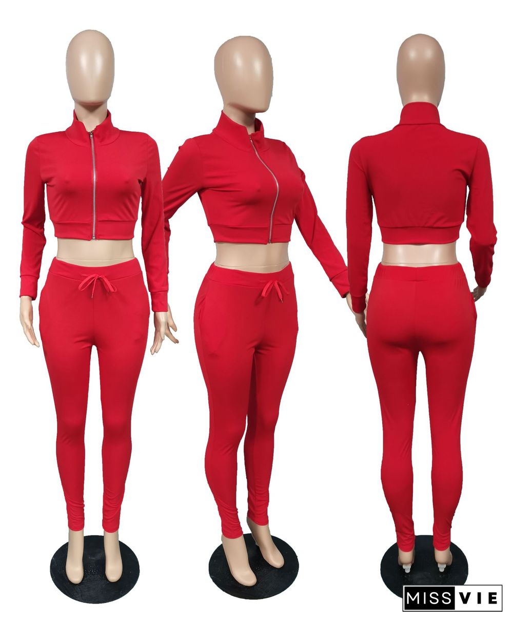 Zipper Stand Collar Long Sleeve Crop Top Pants Set