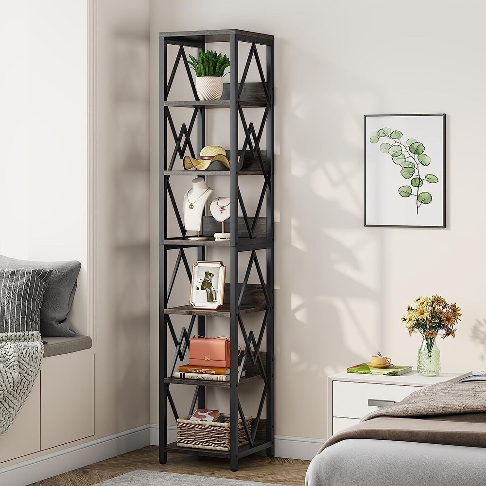 75 Inches Tall Narrow Bookcase with Heavy Duty Metal Frame