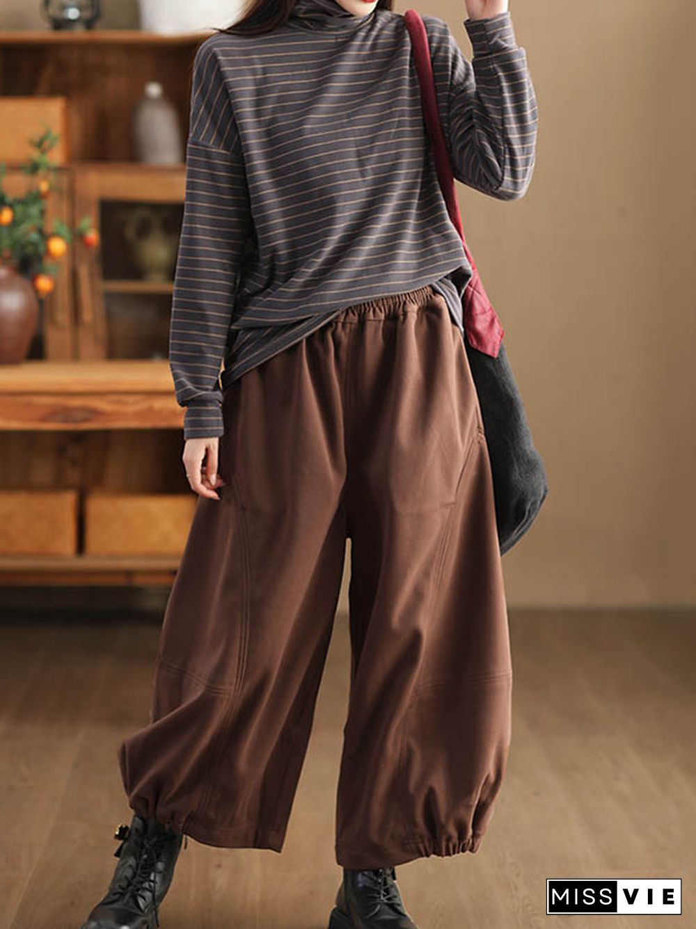 High Waisted Loose Drawstring Elasticity Pleated Solid Color Pants Trousers