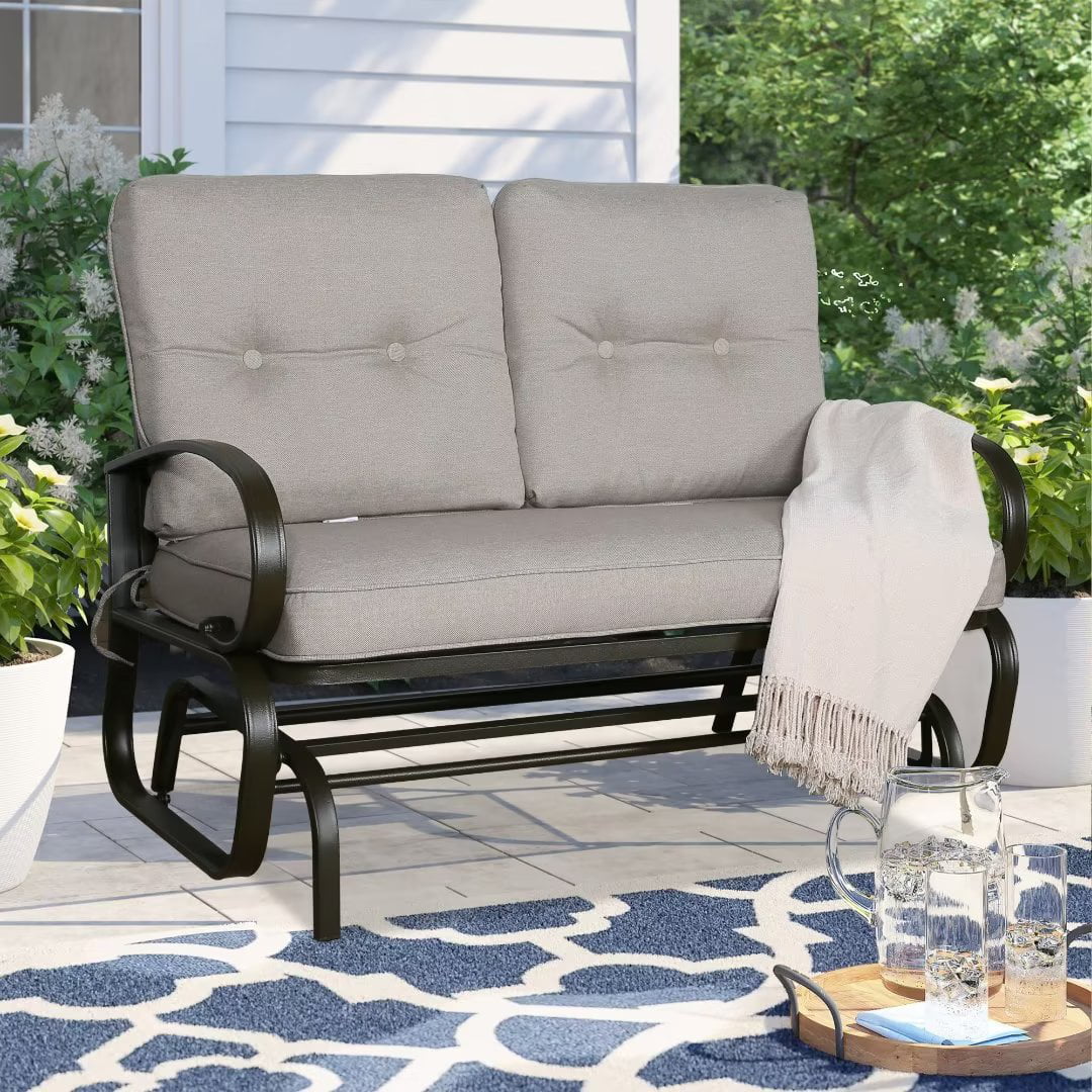 Iwicker 2-Person Outdoor Glider Chair Patio Steel Beach Love seat ， Beige