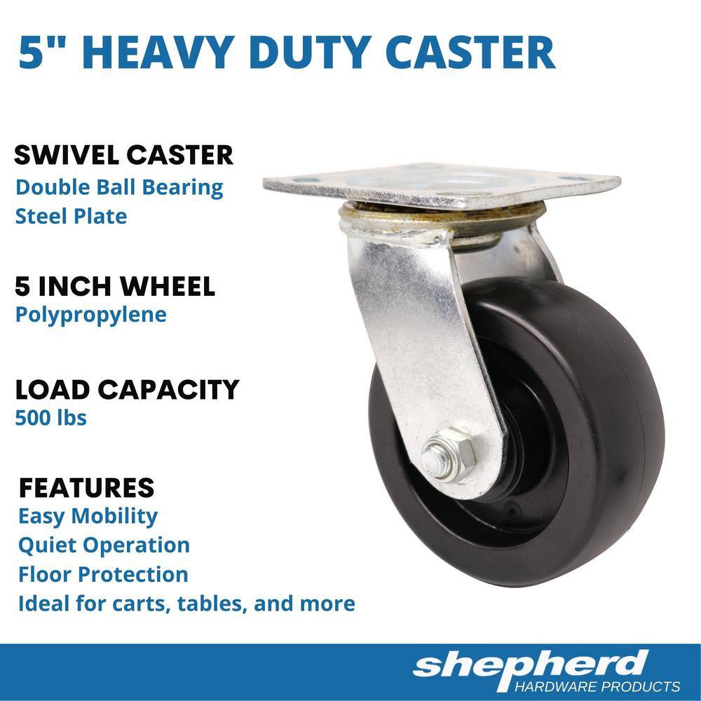 Shepherd 5 in. Black Polypropylene and Steel Swivel Plate Caster with 500 lb. Load Rating 9388