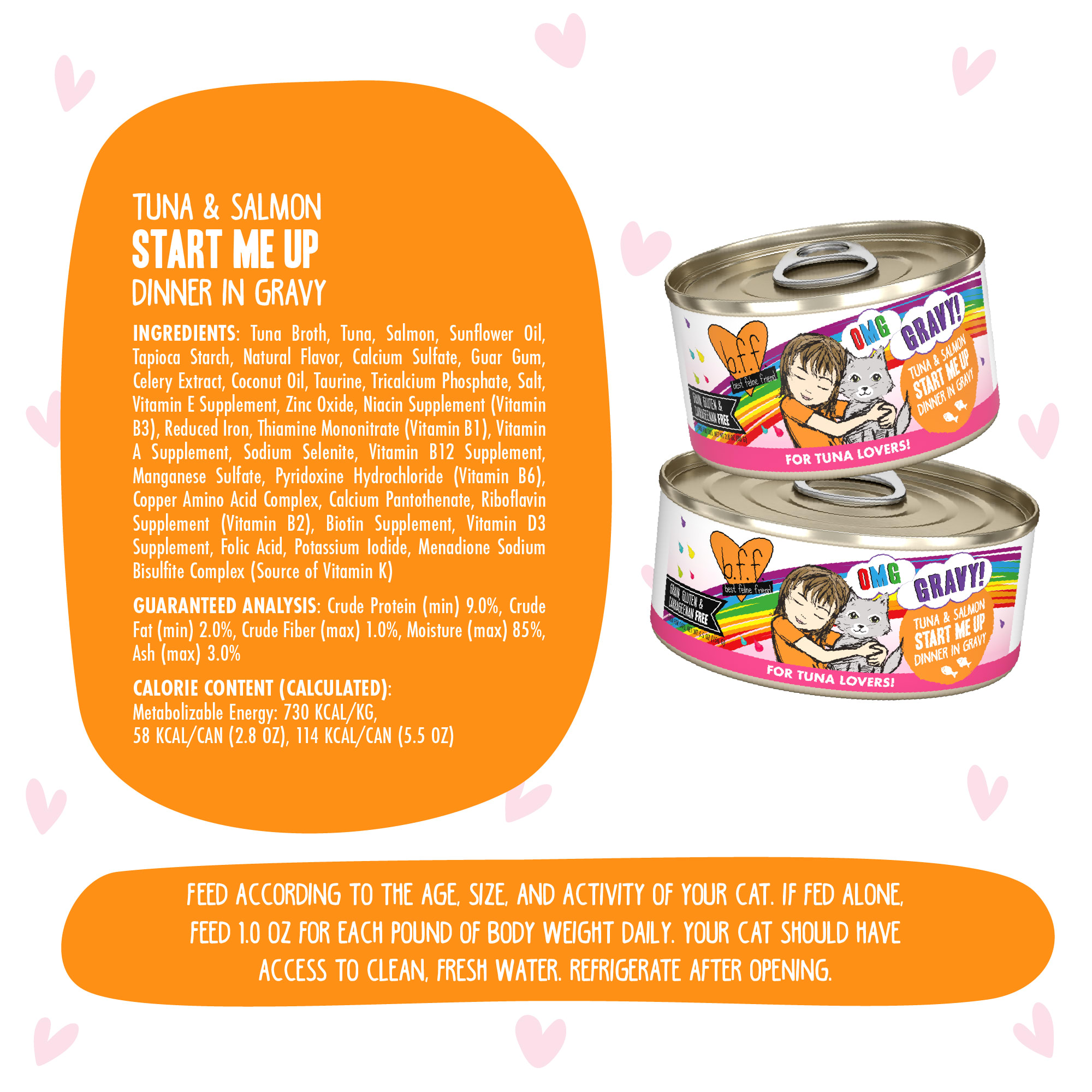 B.F.F. OMG Start Me Up Tuna  Salmon Dinner in Gravy Wet Cat Food， 2.8 oz.， Case of 12