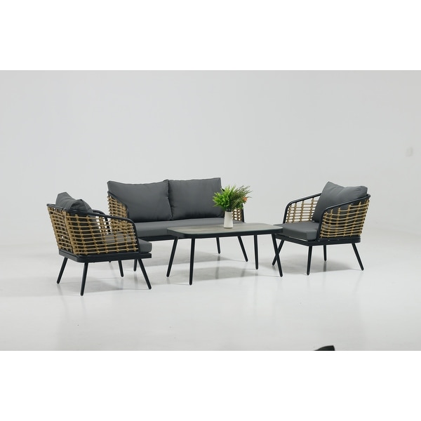 4Piece Rattan Wicker Outdoor Sofa Set with Cushions and Table