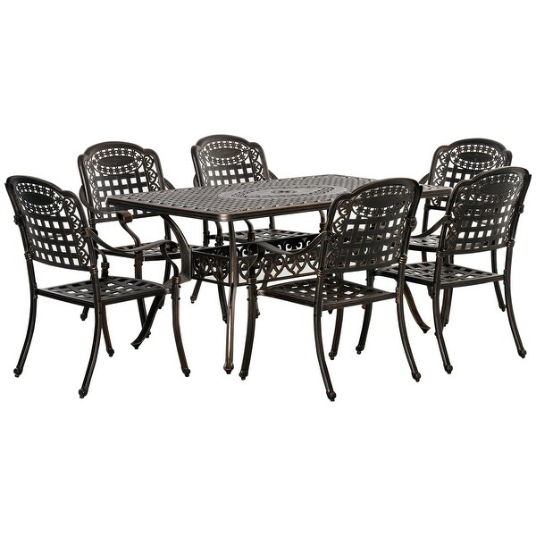 Outsunny 7Piece Patio Dining Set Cast Aluminium Outdoor Furniture Set 6 Armchairs and Table with Umbrella Hole，Bronze