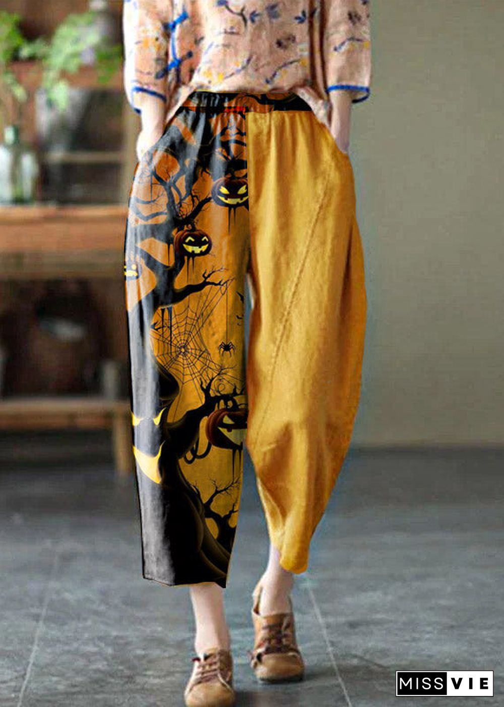 Natural yellow-half pattern Elastic Waist Summer Linen Harem Pants