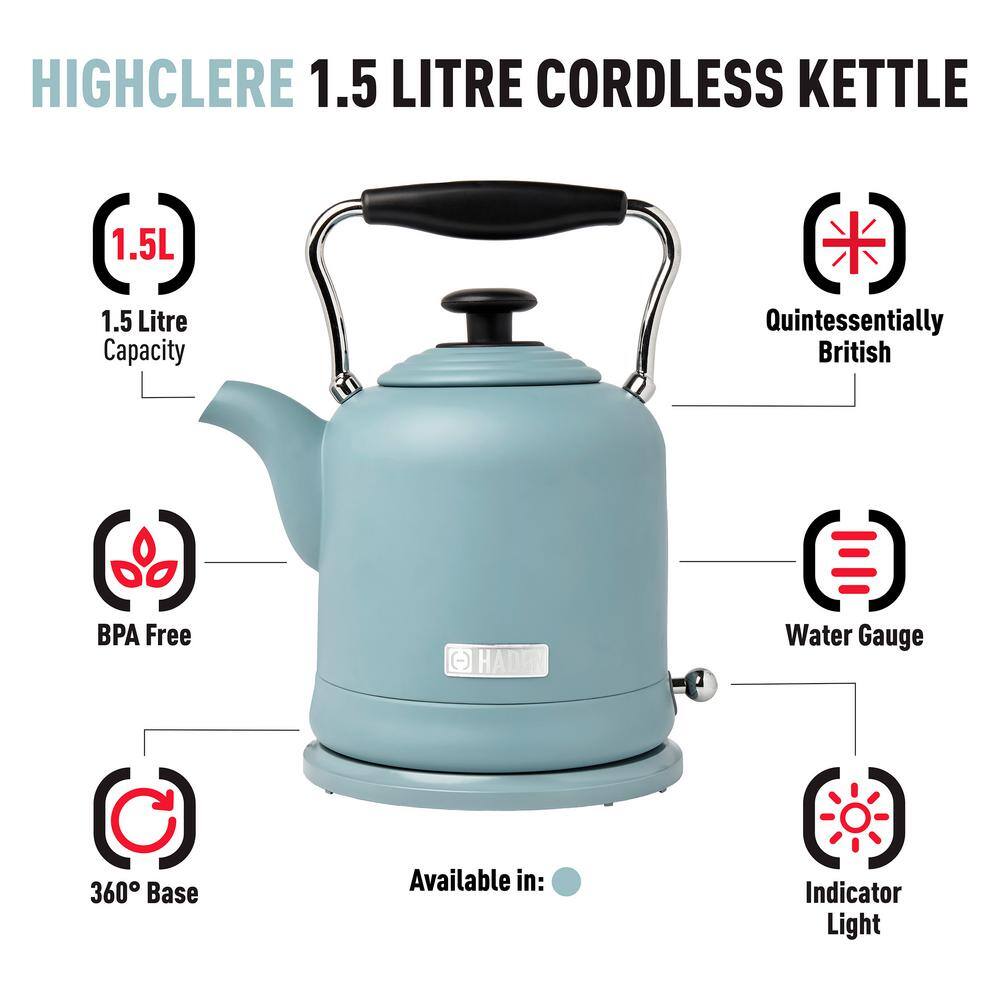 HADEN Highclere 1.5 l 6-Cup Blue Cordless Electric Kettle BPA Free with Auto Shut-Off 75025