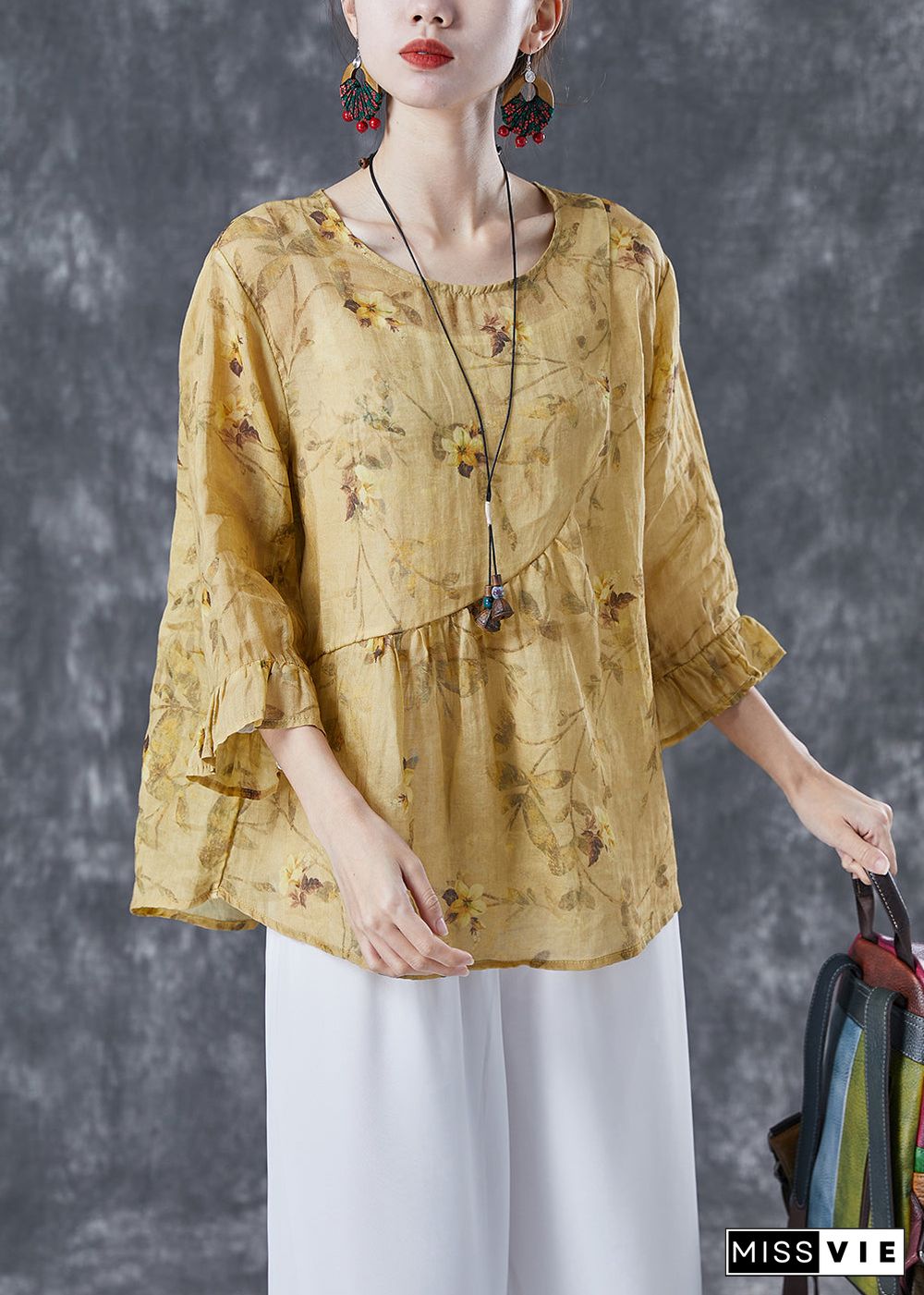 Boho Yellow Patchwork Print Linen Blouse Tops Bracelet Sleeve