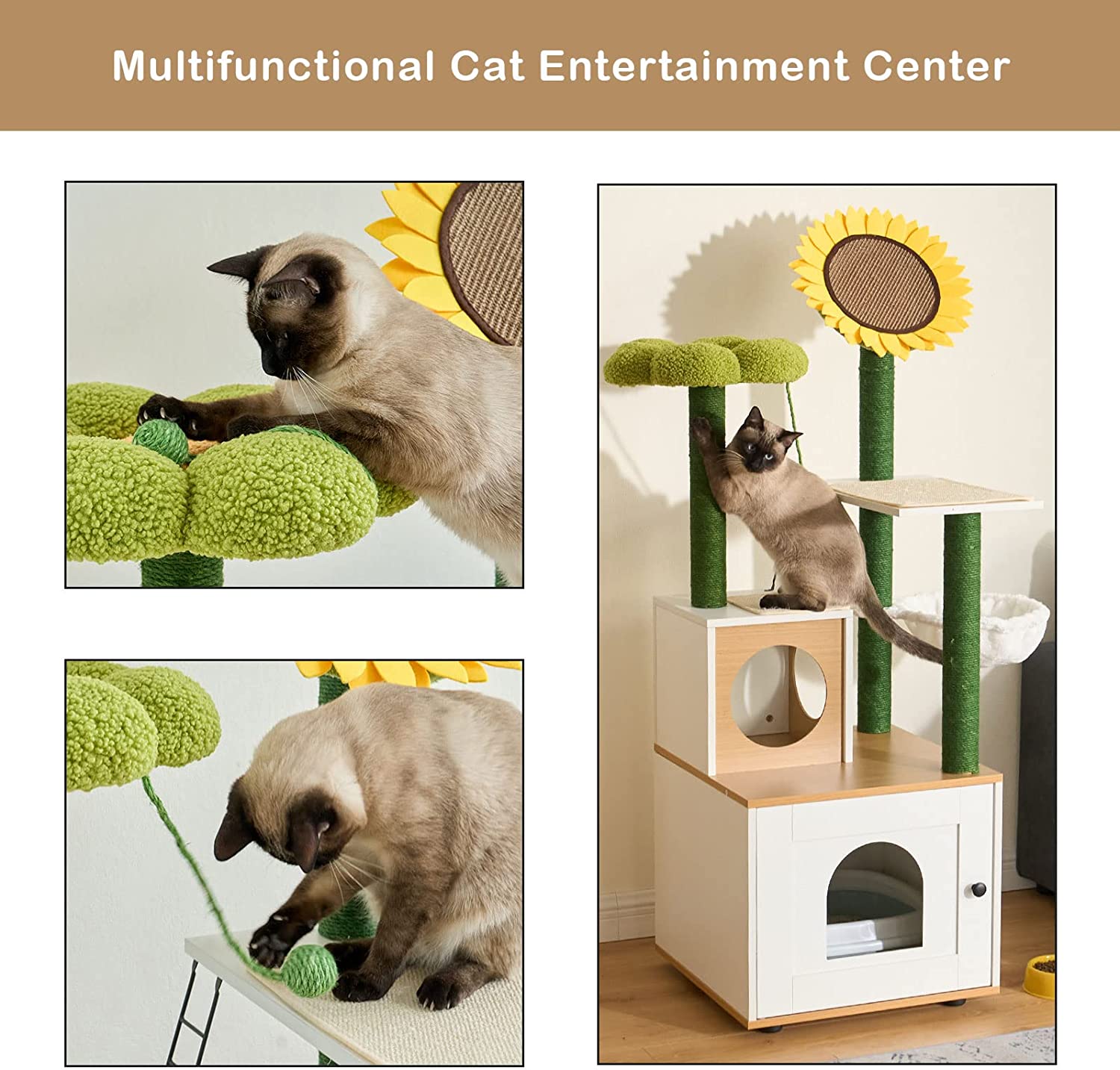 Soges Cat Tree with Cat Condo, 60" Cat Tower with Cactus Sisal Scratching Post, Soft Hammock, Fun Cat Ball, Cat Litter Box Enclosure