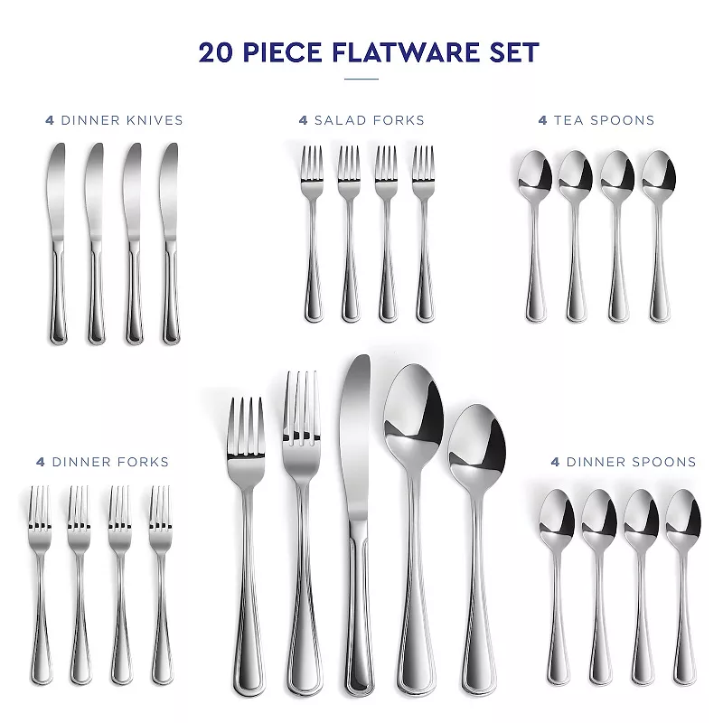 20-Piece Flatware Set， 18/10 Stainless Steel silverware sets Set for 4