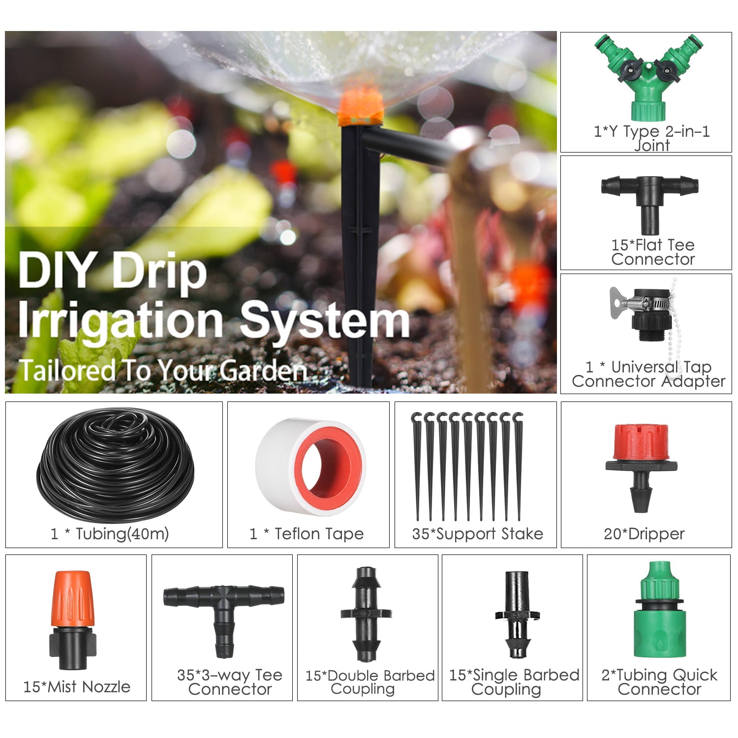 Kkmoon Plant Watering Drip Irrigation Kit Diy Watering System With Nozzles Misters Drippers 40 Meters Tubing For Garden Lawn Patio