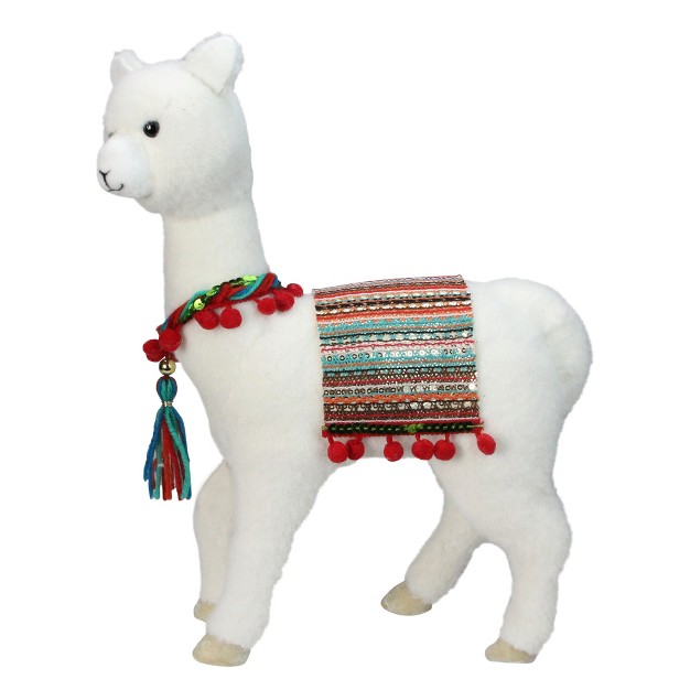 White Plush Bohemian Standing Llama Christmas Figure With Pom Poms