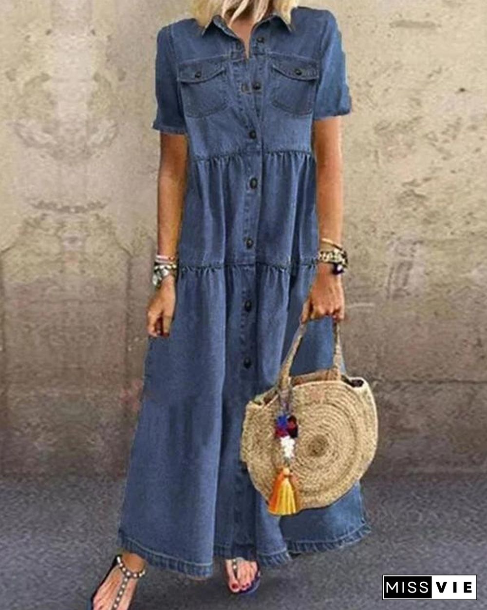 Blue Plain Denim Short Sleeve Shirt Collar Dresses