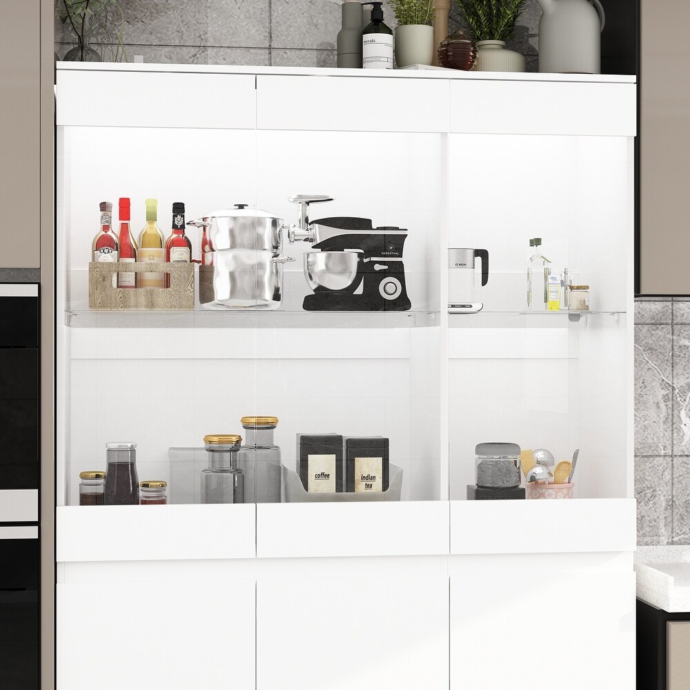 Storage Cabinet with LED Light Kitchen Pantry Cabinet with Glass Doors   47.2\