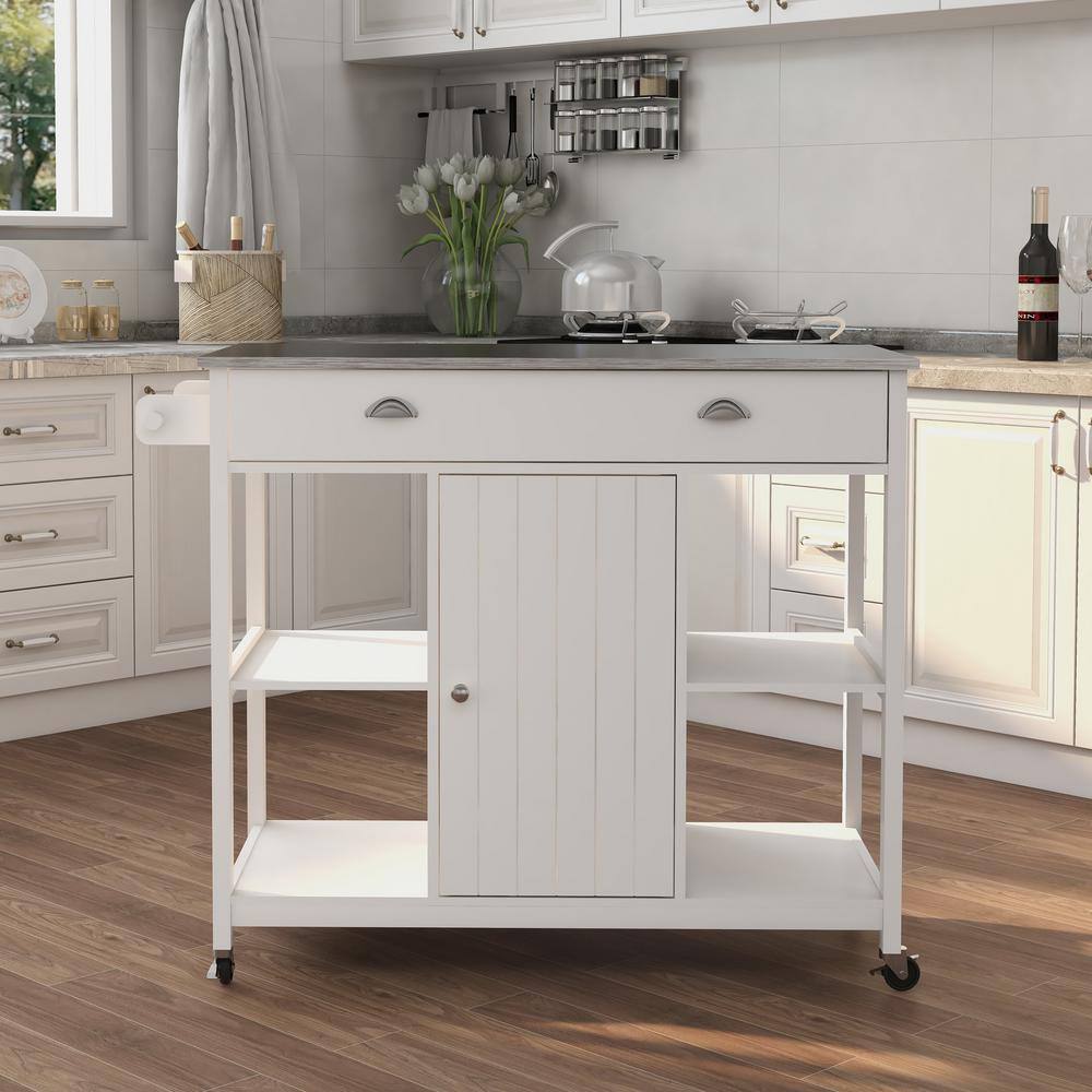 Tatayosi White MDF Wood 31.50 in. Kitchen Island with Double Glass-Paneled Doors and Handle J-H-W28228062