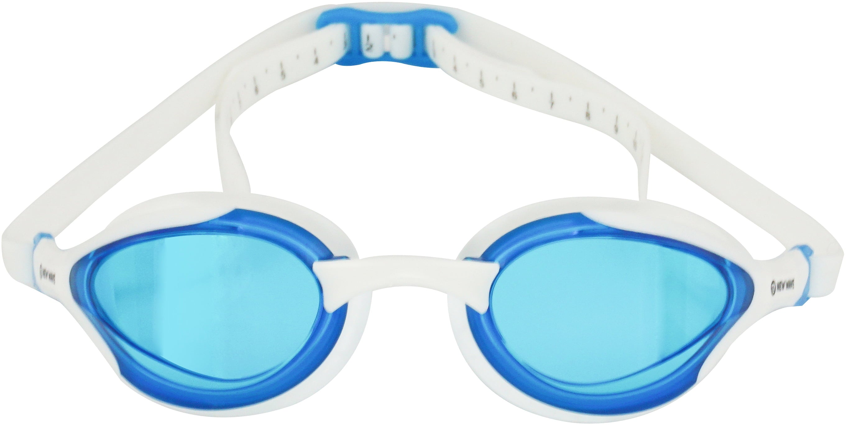 Swim Goggles by New Wave Swim Buoy {Blue Ice = Blue Lens in White Frame} Anti Fog Lenses, Silicone In-Socket Eye Cups, Four Interchangeable Nose Bridges and Adjustable Strap for Triathlon