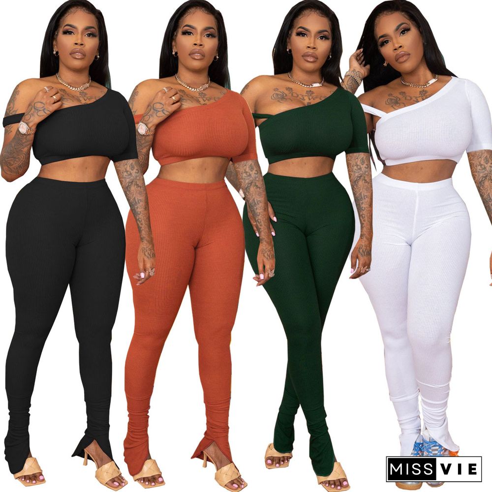 Summer Clothing Solid Color One Shoulder Short Sleeve Crop Top Stretchy Bodycon Long Pants Women 2 Piece Set