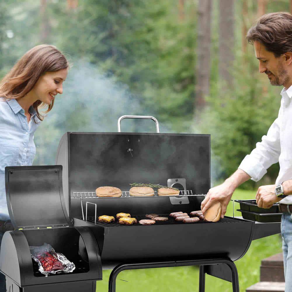 Royal Gourmet Barrel Charcoal Grill 30 in Black with Offset Smoker for Patio and Parties Outdoor Backyard